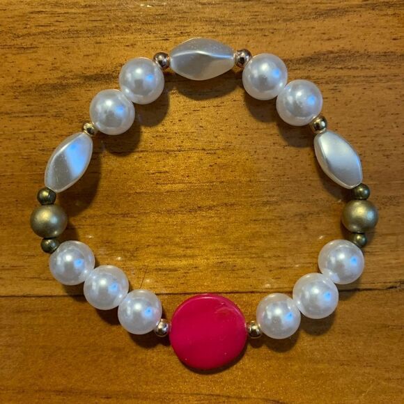 Handmade beaded stretch bracelet set pink white - Picture 2 of 3